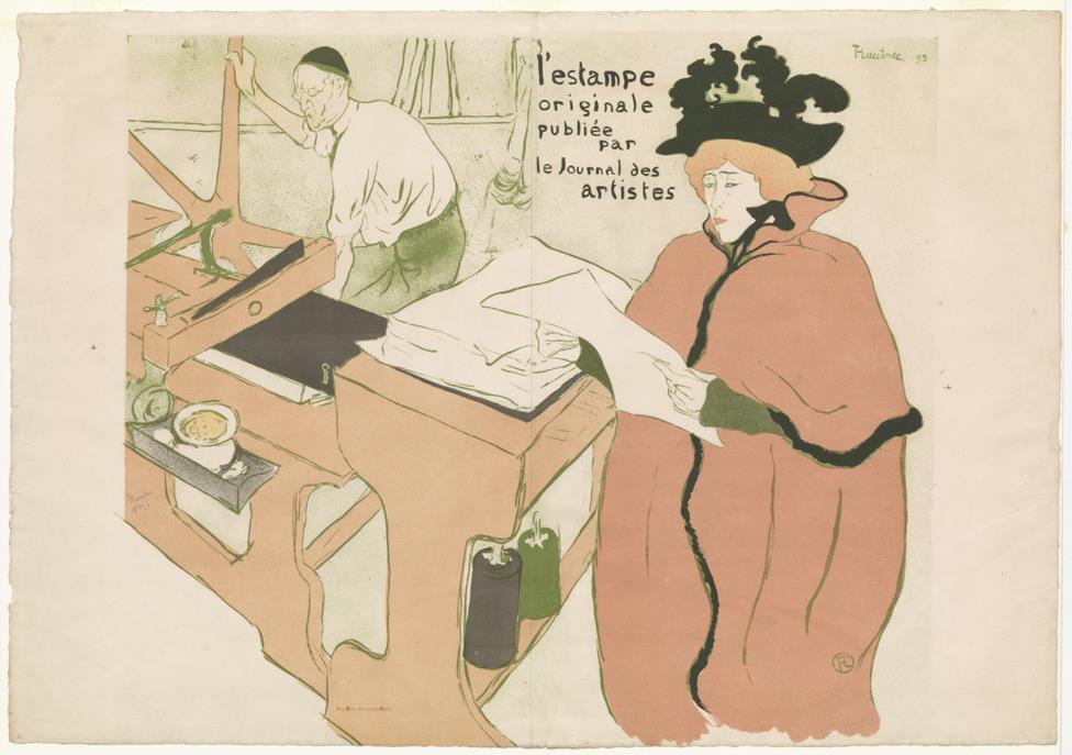 Woman in fabulous red cloak with black trim examines a print while the printer works at the press in the background.